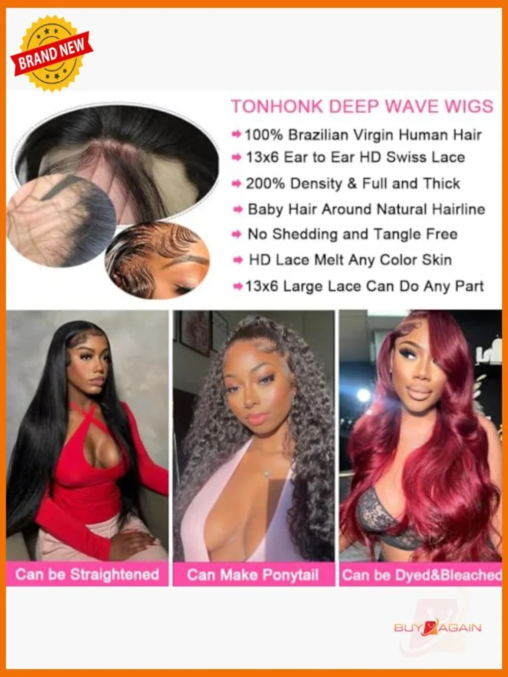 Deep Wave Lace Front Wig Human Hair 200 Density 13x6 HD Lace Glueless